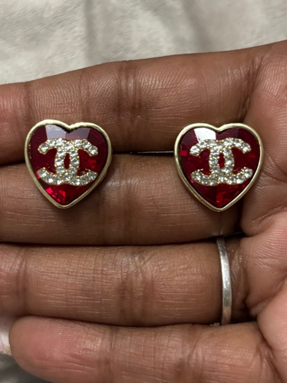 CC Red and Gold Heart Logo Stud Earrings
